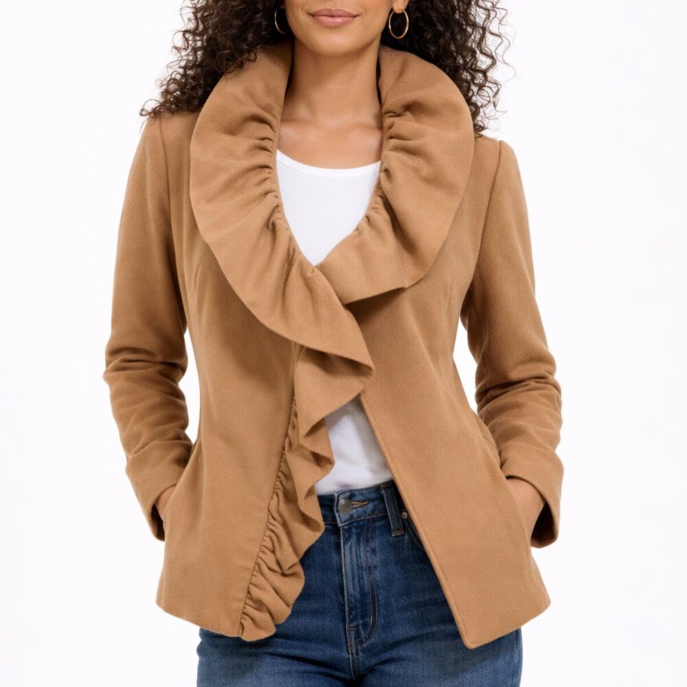 $795 Vintage Y2K Milly Camel Ruffle Collar Italian Wool Jacket Silk Lined 10 USA